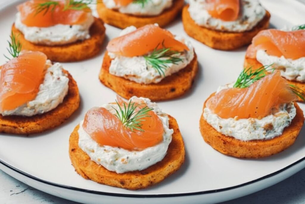 Šventiniai užkandžiai: saldžių bulvių kąsneliai su varškės užtepėle ir lašiša